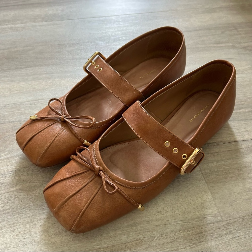Anthropologie Buckle Mary Jane Ballet Flats Square Toe Brown Size 40 Retro Chic